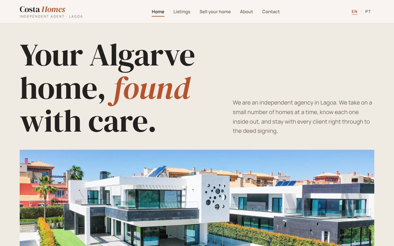 Homepage of the Costa Homes example site