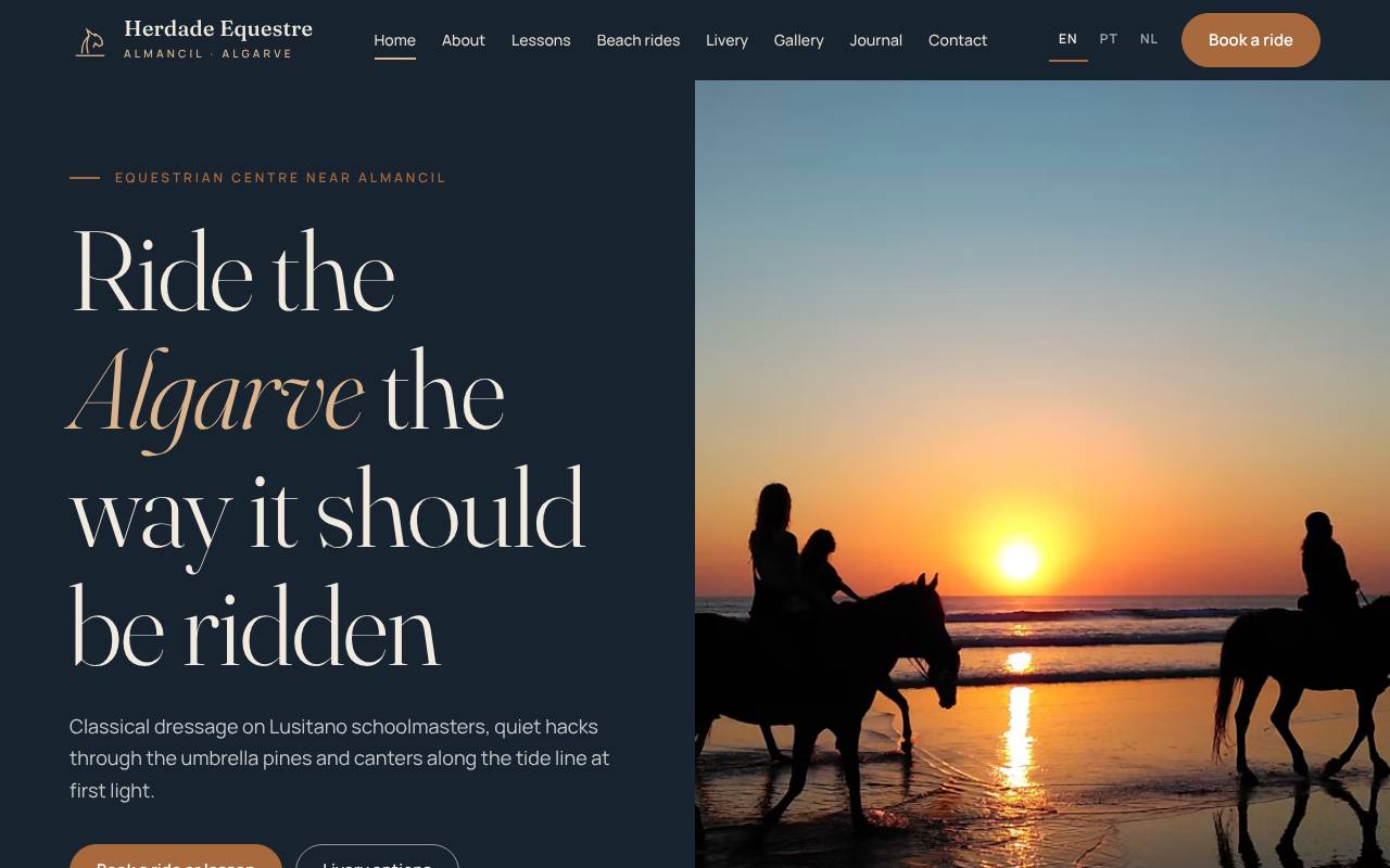 Homepage of the Herdade Equestre example site